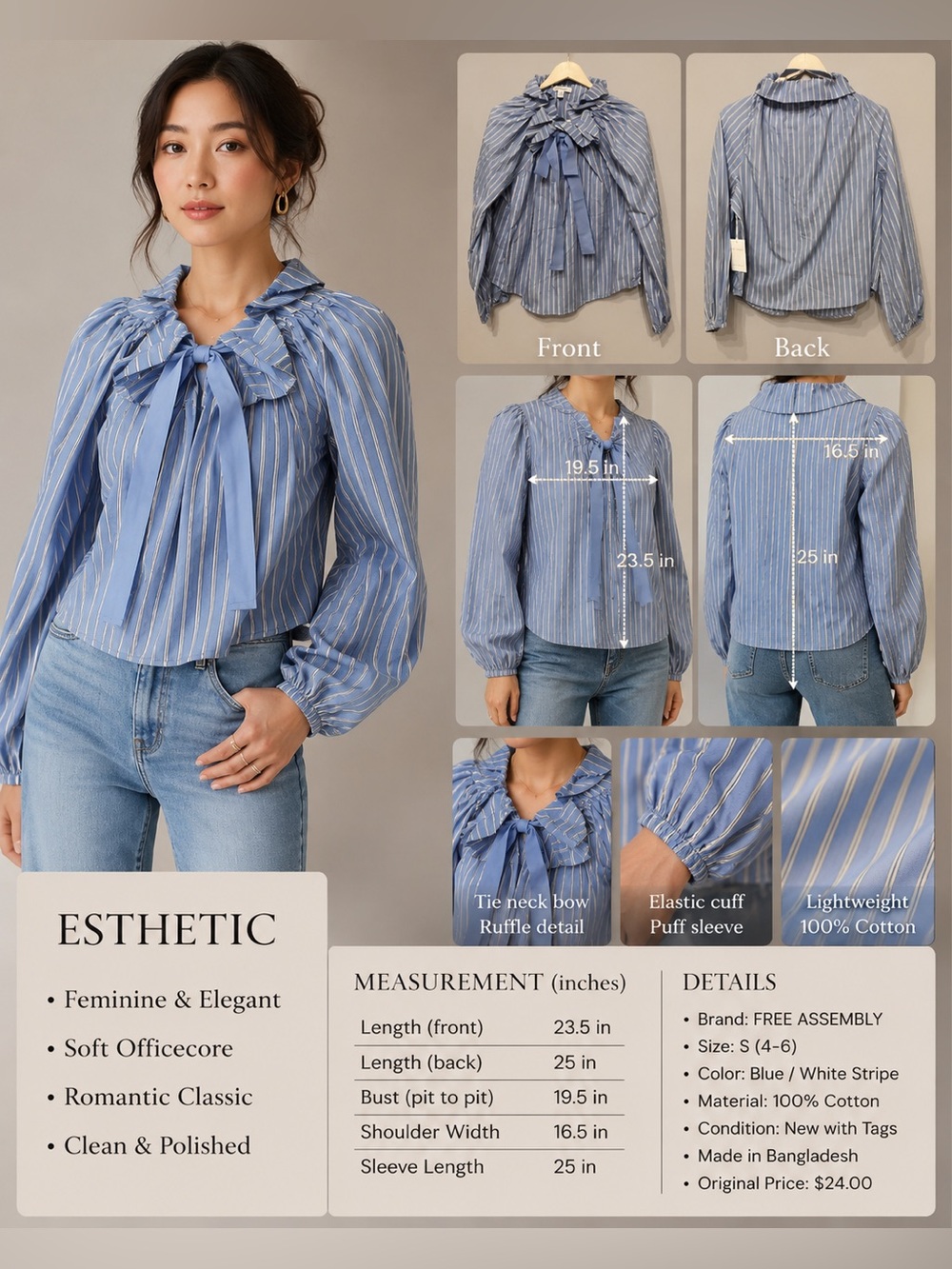 FREE ASSEMBLY Blue Stripe Tie-Neck Ruffle Blouse